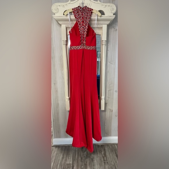 Red Halter Sequin Beaded Dress - Picture 5 of 9